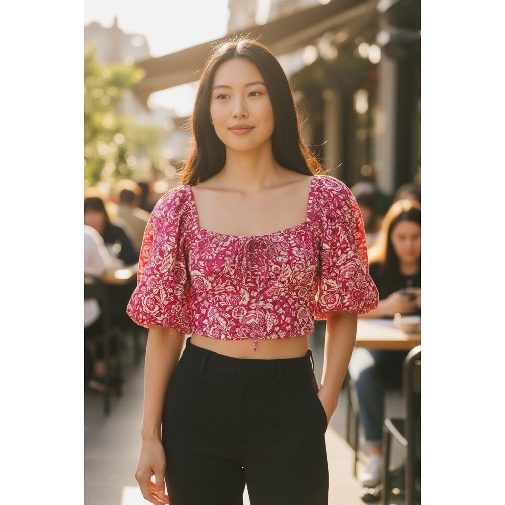 Japna Women's Floral Smocked Crop Puff Sleeve Top Size: M